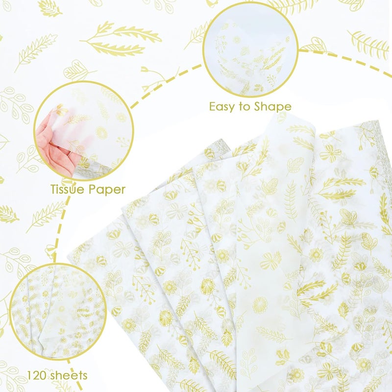 Ethanberg 120 Sheets Gift Wrapping Tissue Paper Bulk, Metallic Gold Foil Botanical Tissue Paper for Gift Bags, Decorative Art Papers for DIY Crafts Wedding Birthday Showers Holiday Party Decor, 20x14 Inches - Image 3